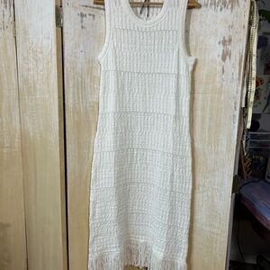 Anthropologie White Sleeveless Knit Midi Dress with Fringe Hem